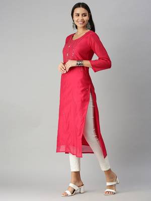 women's calf length round neck pink ethnic motifs straight kurta 2