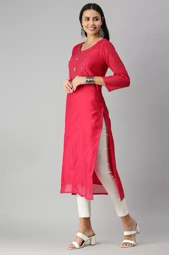 women's calf length round neck pink ethnic motifs straight kurta