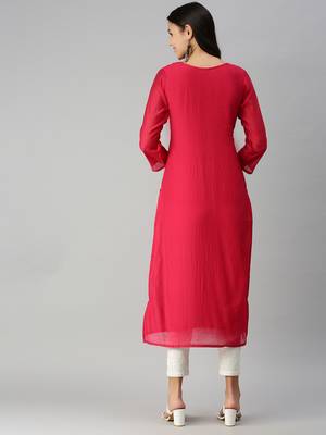 women's calf length round neck pink ethnic motifs straight kurta 3