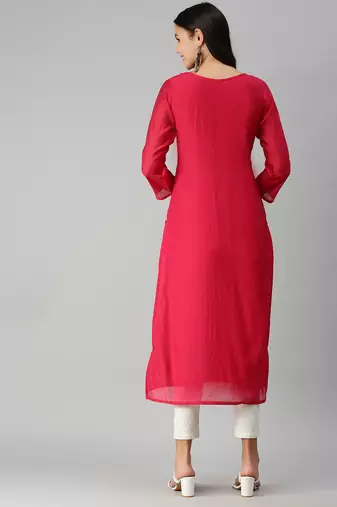women's calf length round neck pink ethnic motifs straight kurta