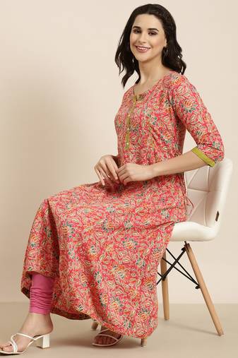 women's calf length round neck pink floral anarkali kurta
