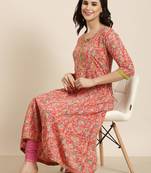 women's calf length round neck pink floral anarkali kurta