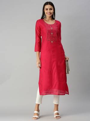 women's calf length round neck pink ethnic motifs straight kurta 4