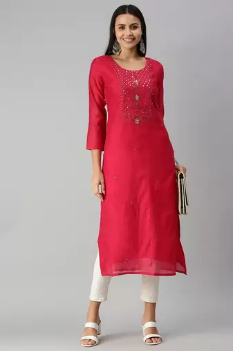 women's calf length round neck pink ethnic motifs straight kurta