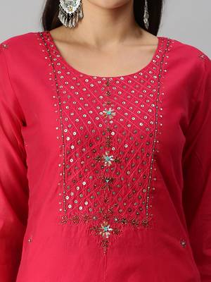 women's calf length round neck pink ethnic motifs straight kurta 5