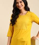 women's calf length round neck yellow solid straight kurta