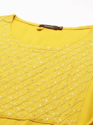 women's calf length round neck yellow solid straight kurta 2