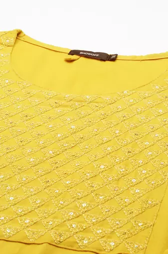 women's calf length round neck yellow solid straight kurta