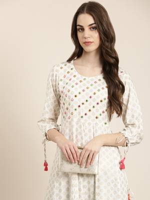 women's ankle length round neck white geometric anarkali kurta 2