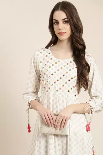 women's ankle length round neck white geometric anarkali kurta