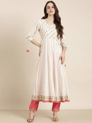 women's ankle length round neck white geometric anarkali kurta 3