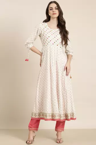 women's ankle length round neck white geometric anarkali kurta