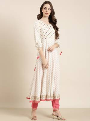 women's ankle length round neck white geometric anarkali kurta 4