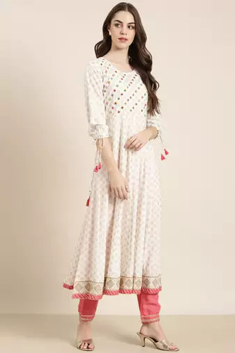 women's ankle length round neck white geometric anarkali kurta