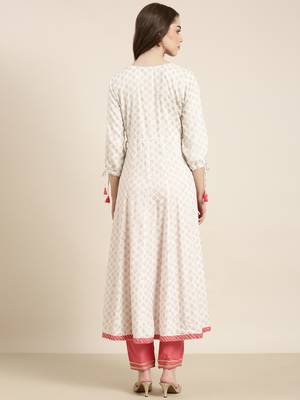 women's ankle length round neck white geometric anarkali kurta 5