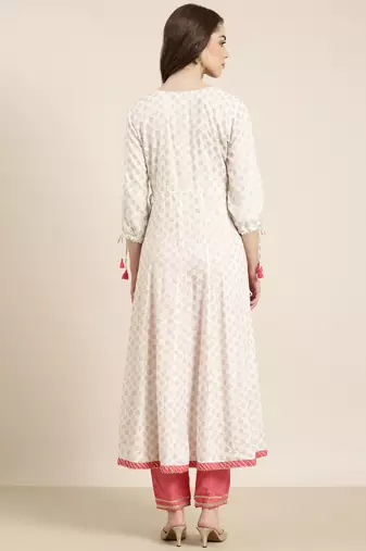 women's ankle length round neck white geometric anarkali kurta