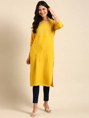 women's calf length round neck yellow solid straight kurta 3