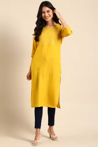 women's calf length round neck yellow solid straight kurta