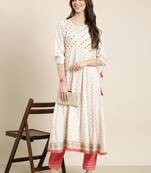 women's ankle length round neck white geometric anarkali kurta