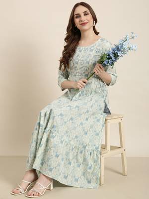 women's calf length round neck sea green abstract anarkali kurta 1