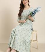 women's calf length round neck sea green abstract anarkali kurta