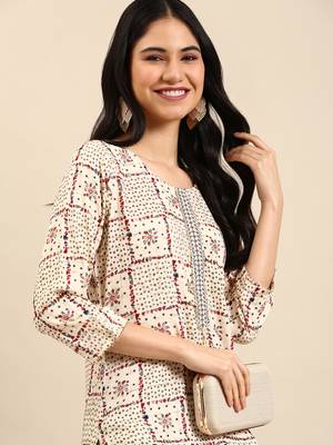 women's calf length round neck cream geometric straight kurta 2