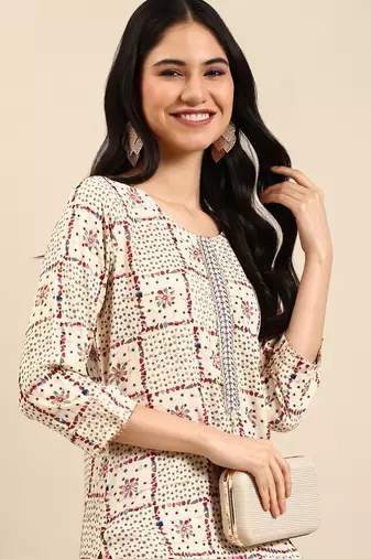 women's calf length round neck cream geometric straight kurta