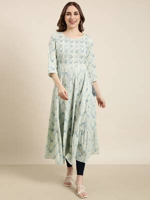 women's calf length round neck sea green abstract anarkali kurta 2