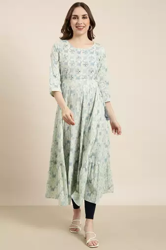 women's calf length round neck sea green abstract anarkali kurta