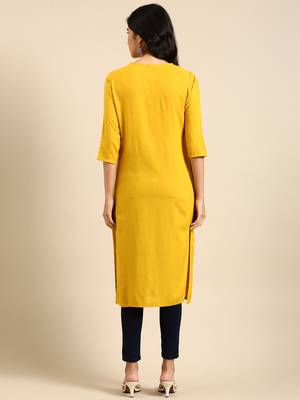 women's calf length round neck yellow solid straight kurta 4
