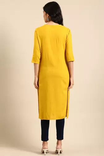 women's calf length round neck yellow solid straight kurta