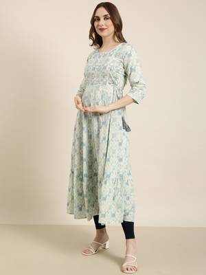 women's calf length round neck sea green abstract anarkali kurta 3