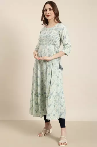 women's calf length round neck sea green abstract anarkali kurta
