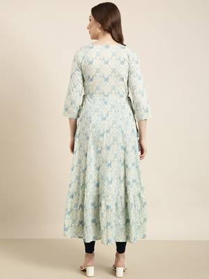 women's calf length round neck sea green abstract anarkali kurta 4