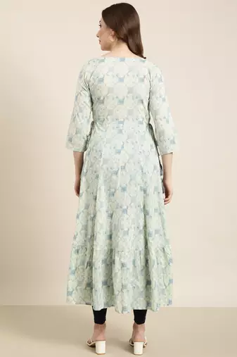 women's calf length round neck sea green abstract anarkali kurta