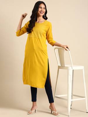 women's calf length round neck yellow solid straight kurta 5