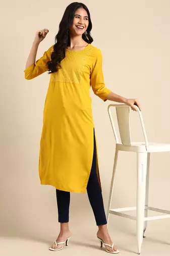 women's calf length round neck yellow solid straight kurta