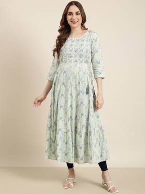 women's calf length round neck sea green abstract anarkali kurta 5
