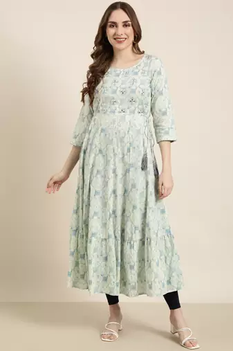 women's calf length round neck sea green abstract anarkali kurta