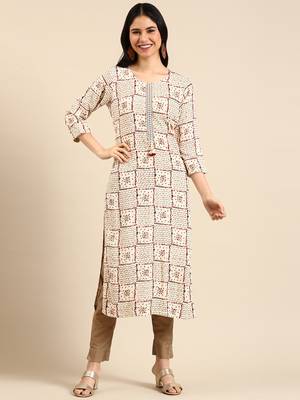 women's calf length round neck cream geometric straight kurta 1