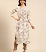 women's calf length round neck cream geometric straight kurta