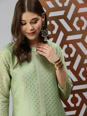 women's calf length mandarin collar green embellished straight kurta 1
