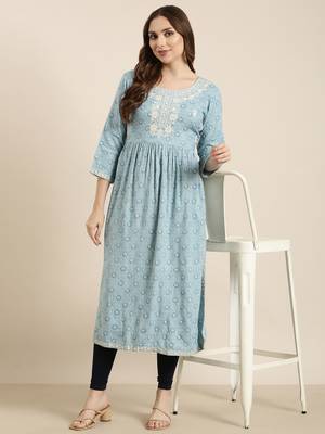 women's calf length round neck blue floral straight kurta 1
