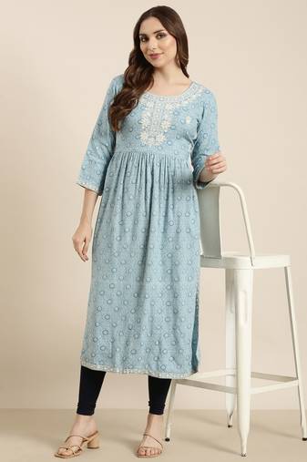 women's calf length round neck blue floral straight kurta