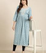 women's calf length round neck blue floral straight kurta