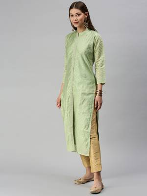 women's calf length mandarin collar green embellished straight kurta 2