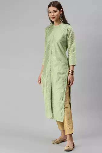 women's calf length mandarin collar green embellished straight kurta