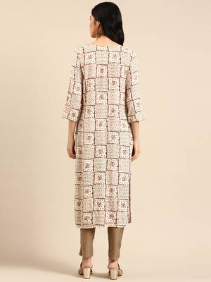 women's calf length round neck cream geometric straight kurta 5
