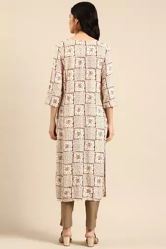 women's calf length round neck cream geometric straight kurta