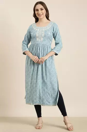 women's calf length round neck blue floral straight kurta